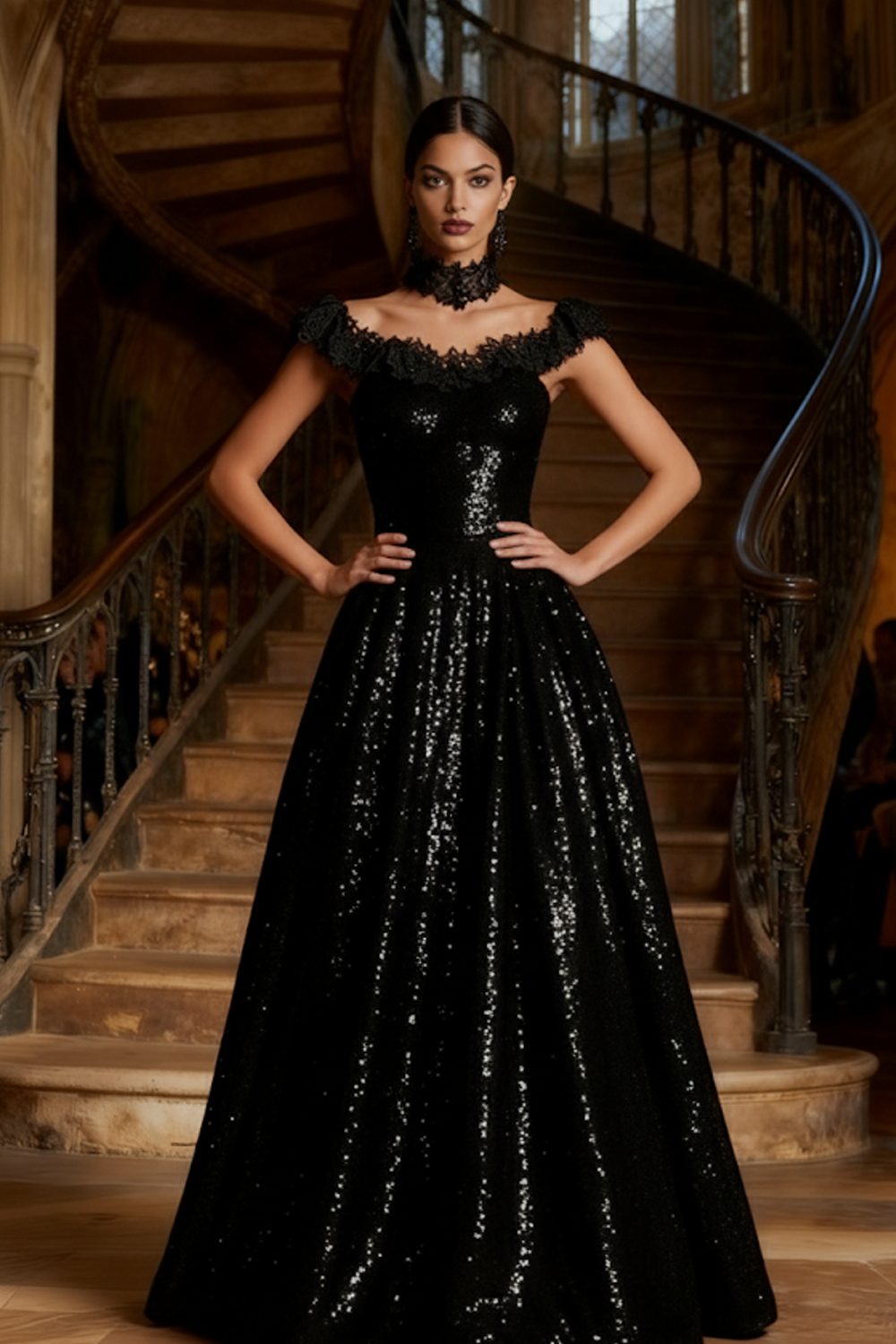 Sparkly Black Sequin A Line Long Holiday Party Dress