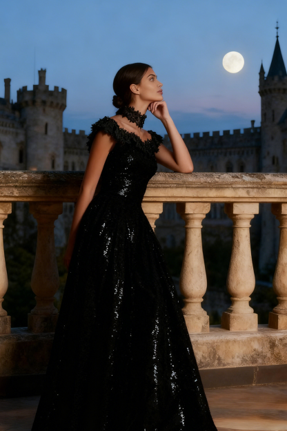 Sparkly Black Sequin A Line Long Holiday Party Dress