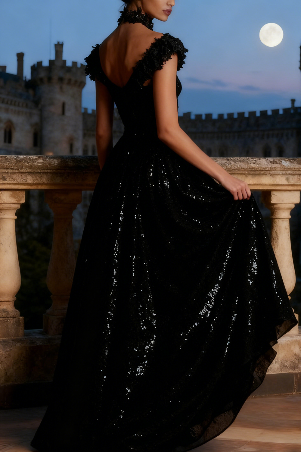 Sparkly Black Sequin A Line Long Holiday Party Dress