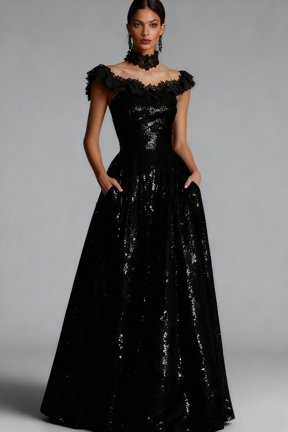 Sparkly Black Sequin A Line Long Holiday Party Dress