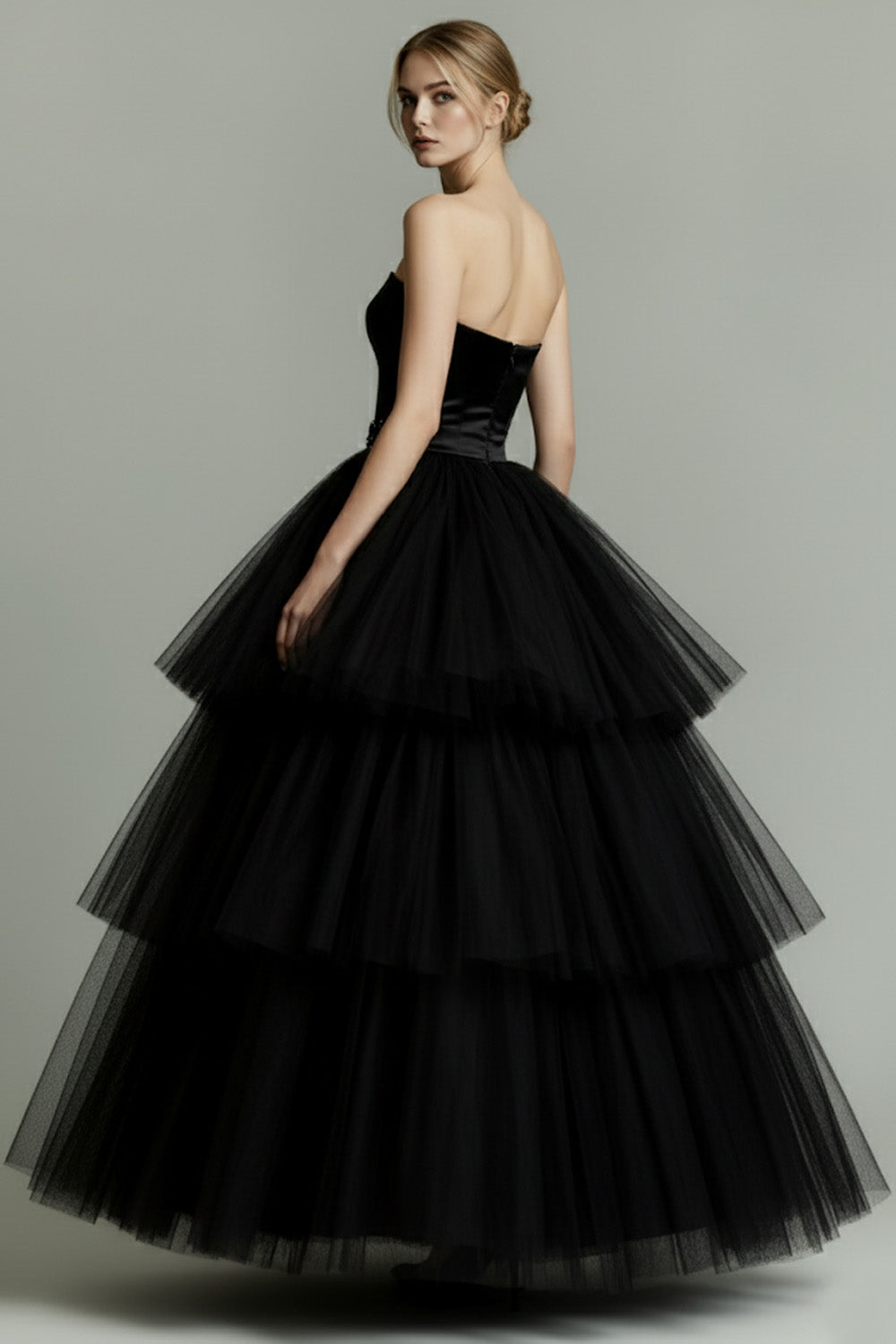 Sparkly Black Beaded Sweetheart Tiered Tulle Long Formal Dress with Ruffles