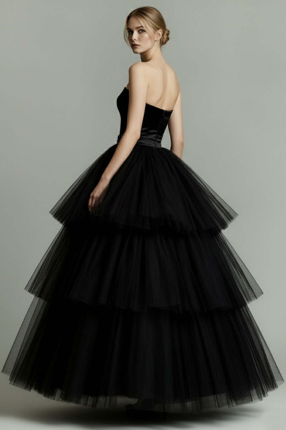 Sparkly Black Beaded Sweetheart Tiered Tulle Long Formal Dress with Ruffles
