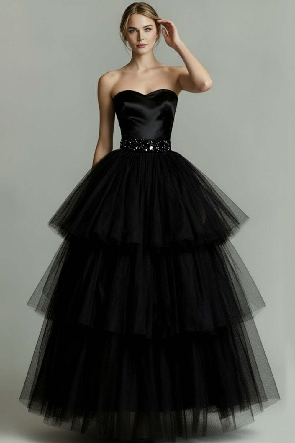 Sparkly Black Beaded Sweetheart Tiered Tulle Long Formal Dress with Ruffles