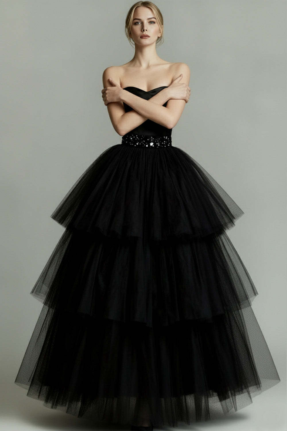 Sparkly Black Beaded Sweetheart Tiered Tulle Long Formal Dress with Ruffles