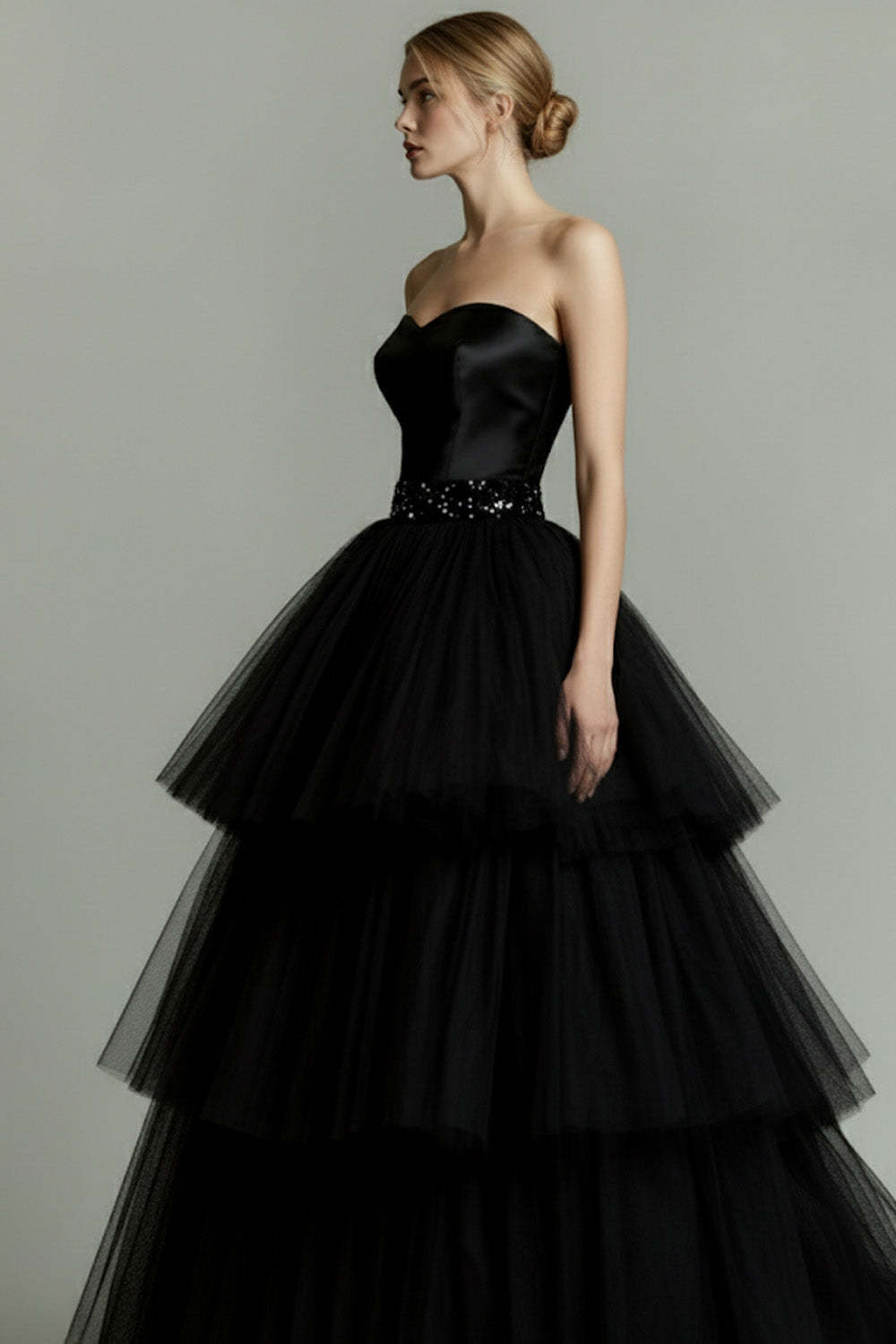 Sparkly Black Beaded Sweetheart Tiered Tulle Long Formal Dress with Ruffles