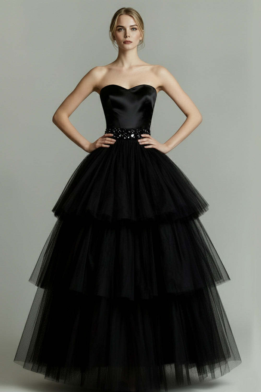 Sparkly Black Beaded Sweetheart Tiered Tulle Long Formal Dress with Ruffles