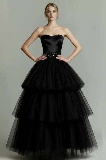 Sparkly Black Beaded Sweetheart Tiered Tulle Long Formal Dress with Ruffles