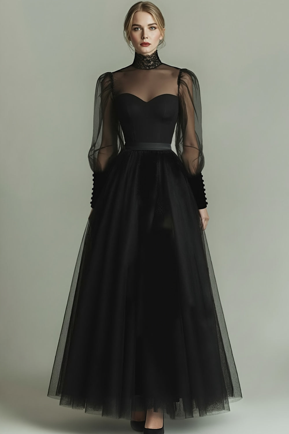 Black Tulle High Neck Long A Line Formal Dress with Sleeves