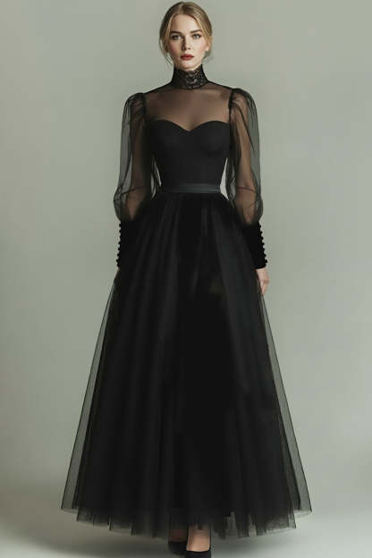 Black Tulle High Neck Long A Line Formal Dress with Sleeves
