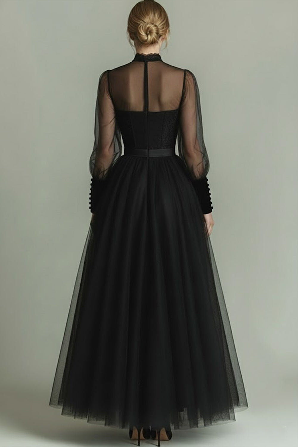 Black Tulle High Neck Long A Line Formal Dress with Sleeves