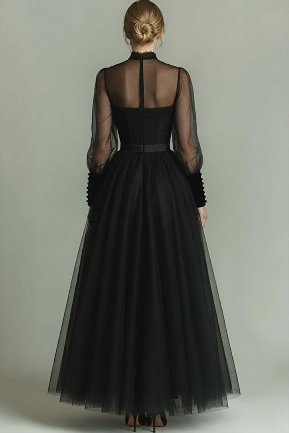 Black Tulle High Neck Long A Line Formal Dress with Sleeves