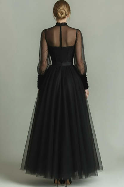 Black Tulle High Neck Long A Line Formal Dress with Sleeves