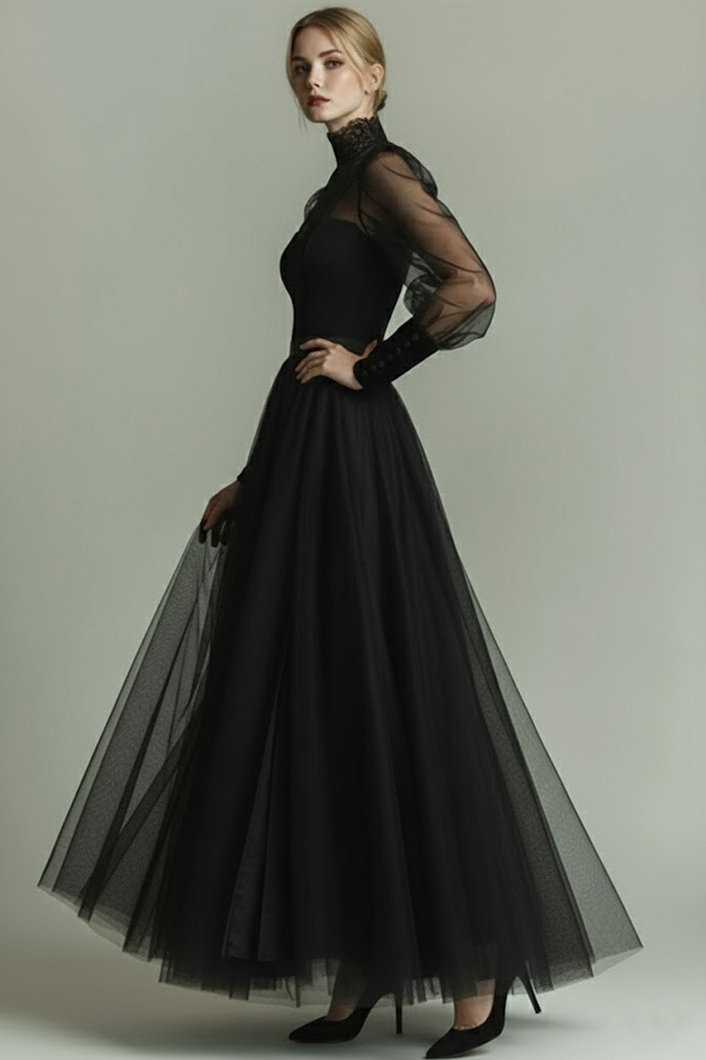 Black Tulle High Neck Long A Line Formal Dress with Sleeves