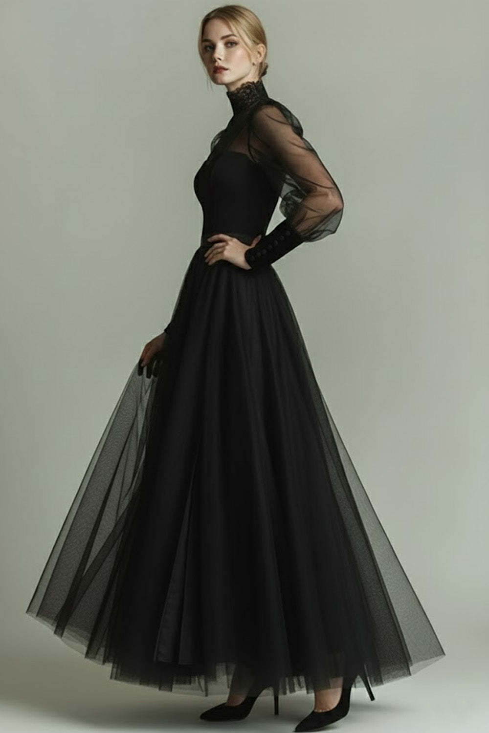Black Tulle High Neck Long A Line Formal Dress with Sleeves