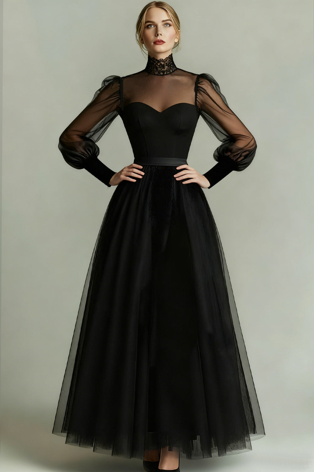 Black Tulle High Neck Long A Line Formal Dress with Sleeves