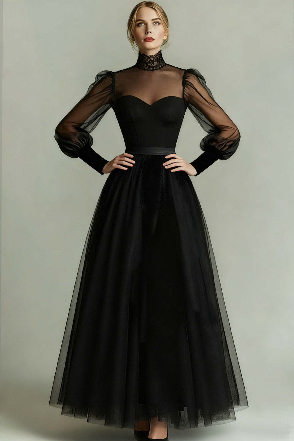 Black Tulle High Neck Long A Line Formal Dress with Sleeves
