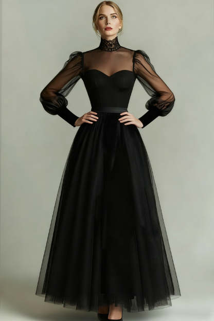 Black Tulle High Neck Long A Line Formal Dress with Sleeves