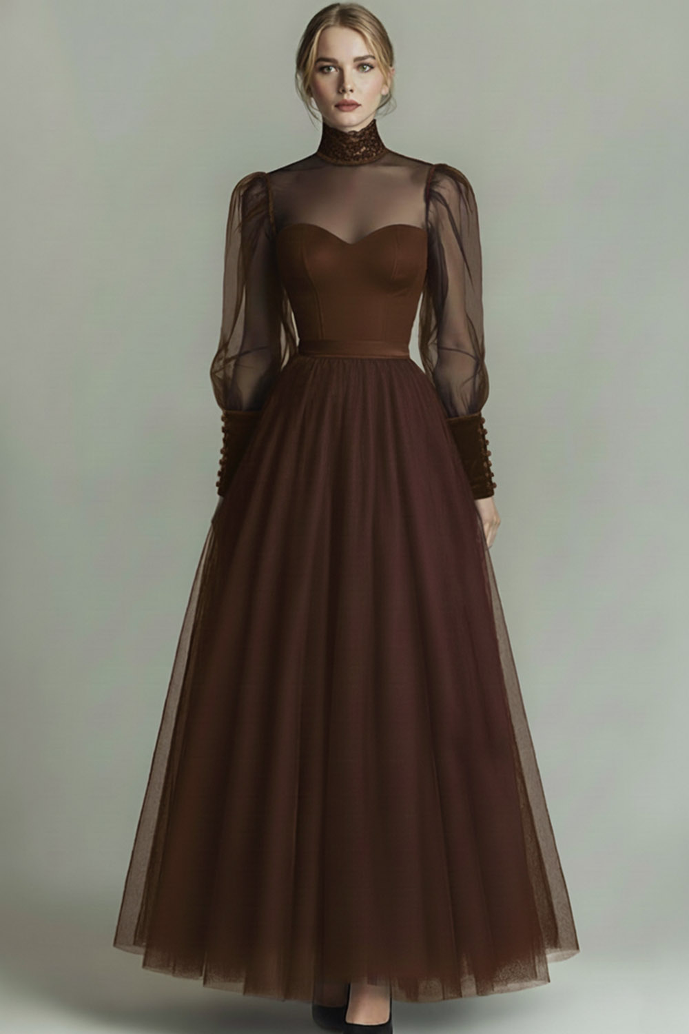 Black Tulle High Neck Long A Line Formal Dress with Sleeves