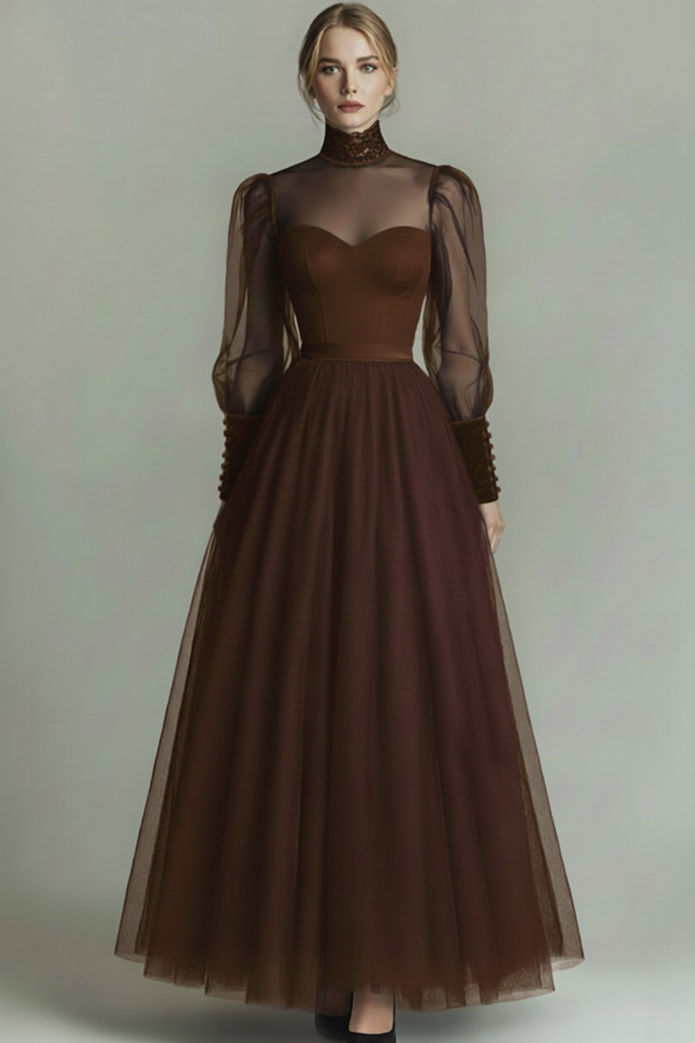 Black Tulle High Neck Long A Line Formal Dress with Sleeves