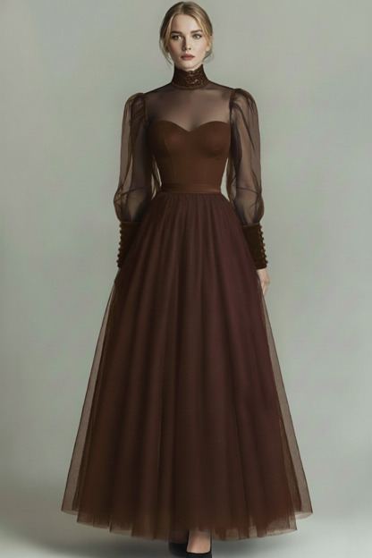 Black Tulle High Neck Long A Line Formal Dress with Sleeves