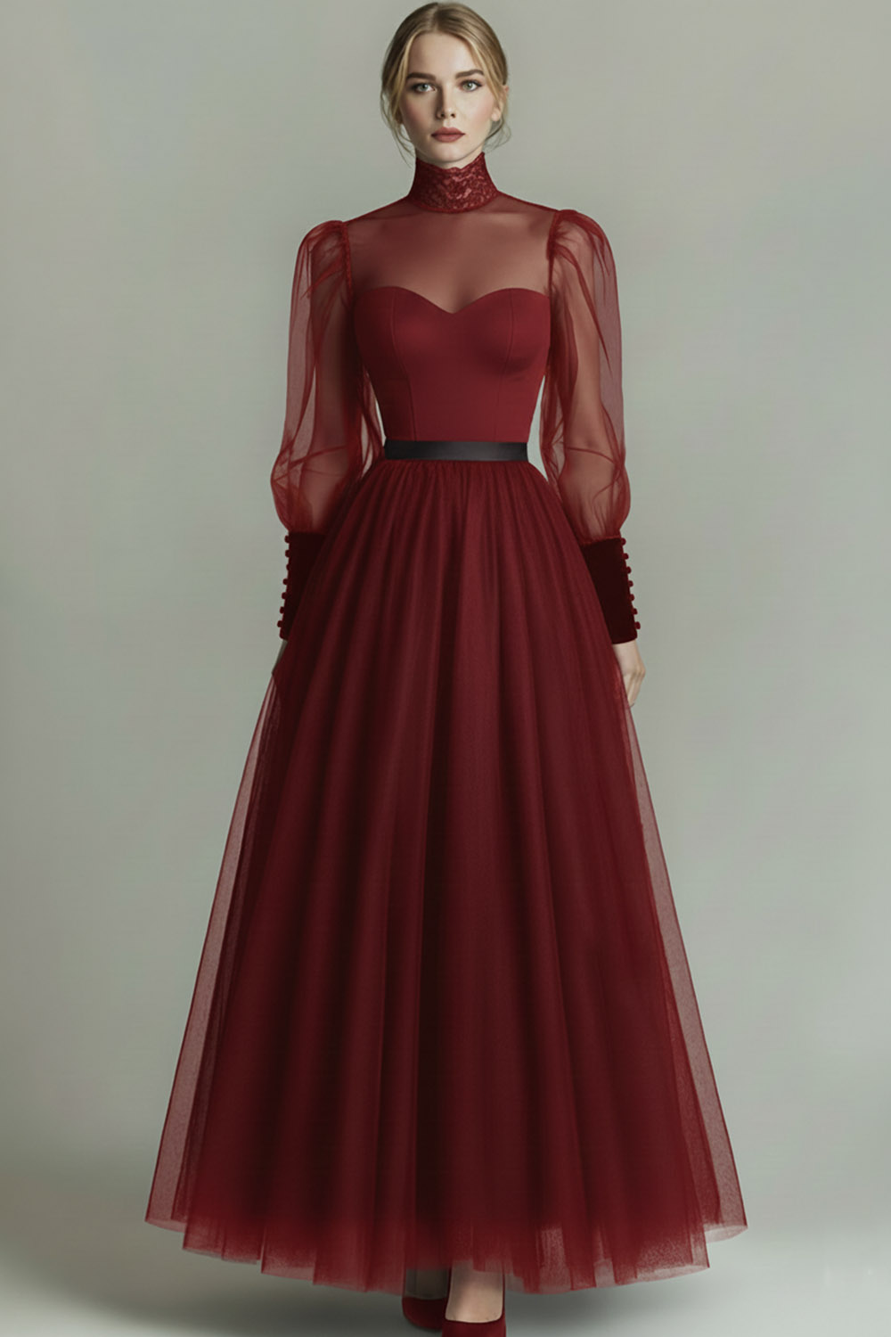 Black Tulle High Neck Long A Line Formal Dress with Sleeves