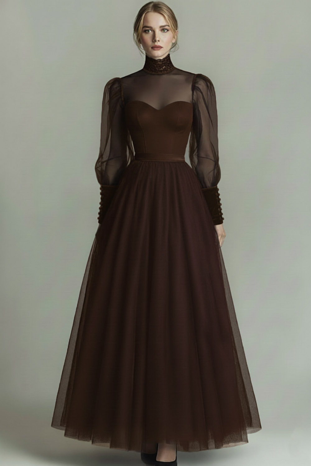 Black Tulle High Neck Long A Line Formal Dress with Sleeves