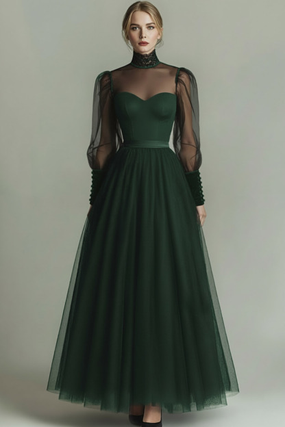 Black Tulle High Neck Long A Line Formal Dress with Sleeves