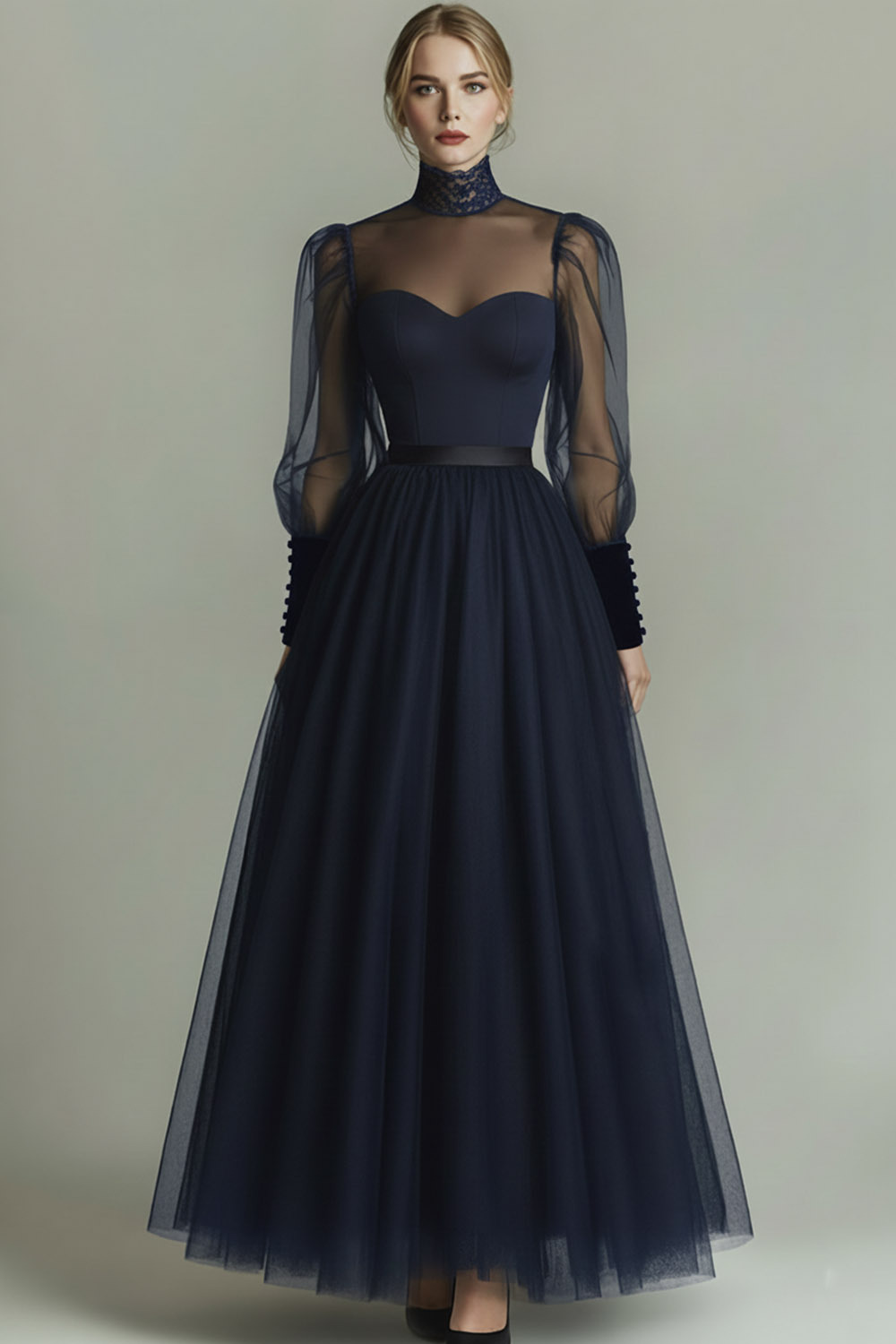 Black Tulle High Neck Long A Line Formal Dress with Sleeves
