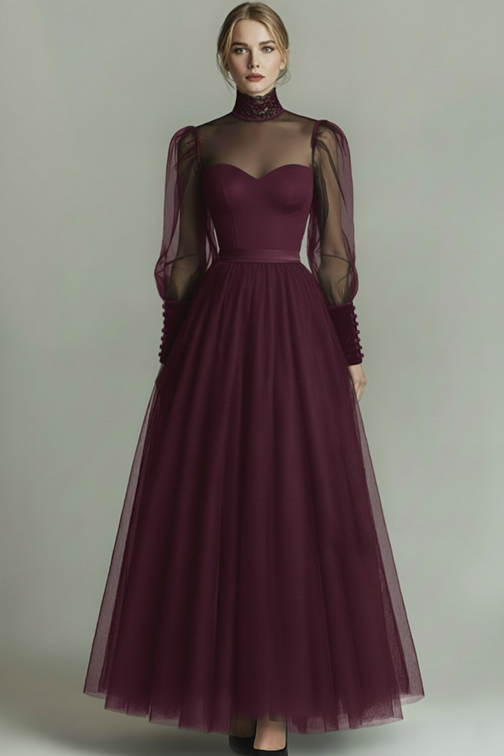 Leely Women Black Tulle Long Formal Dress with Sleeves A-Line High Neck Vintage Prom Dress