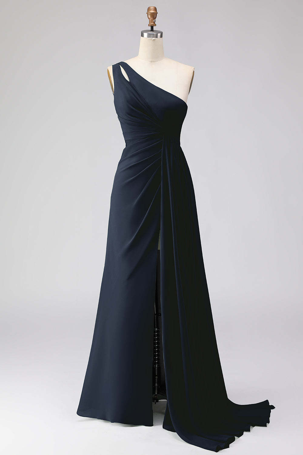 Leely Women Navy One Shoulder Maxi Bridesmaid Dress with Slit Ruched Lace Up Back A Line Wedding Guest Dress