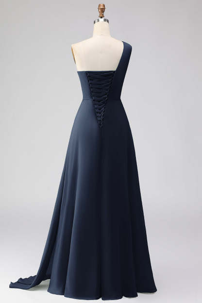 Navy One Shoulder Ruched A Line Long Bridesmaid Dress with Slit