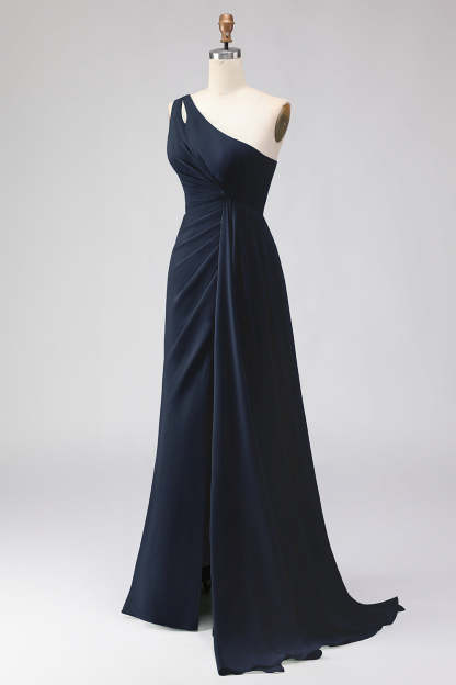Navy One Shoulder Ruched A Line Long Bridesmaid Dress with Slit
