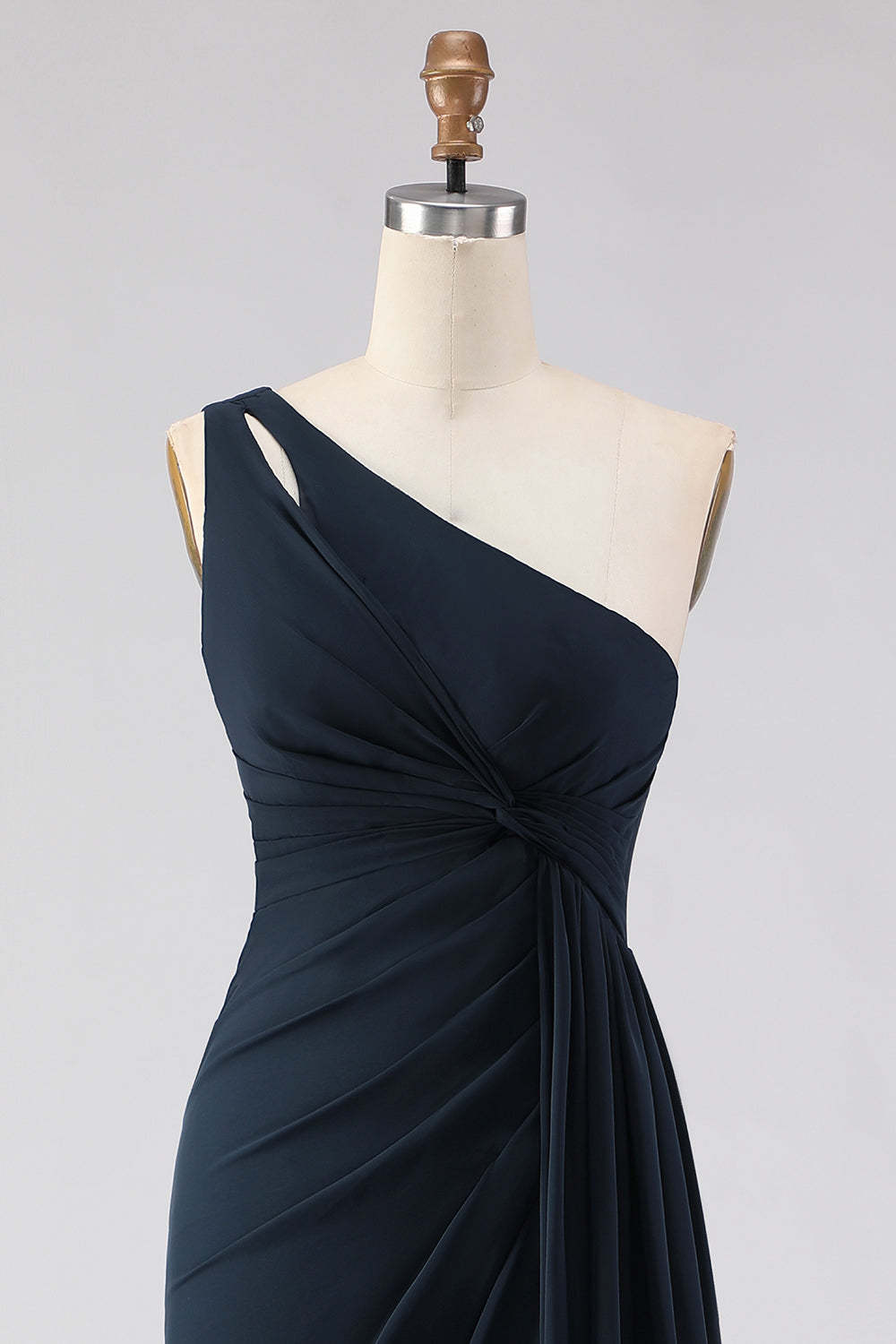 Navy One Shoulder Ruched A Line Long Bridesmaid Dress with Slit