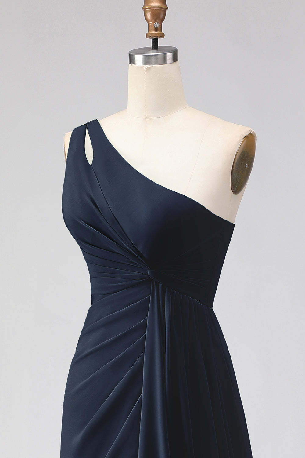 Navy One Shoulder Ruched A Line Long Bridesmaid Dress with Slit