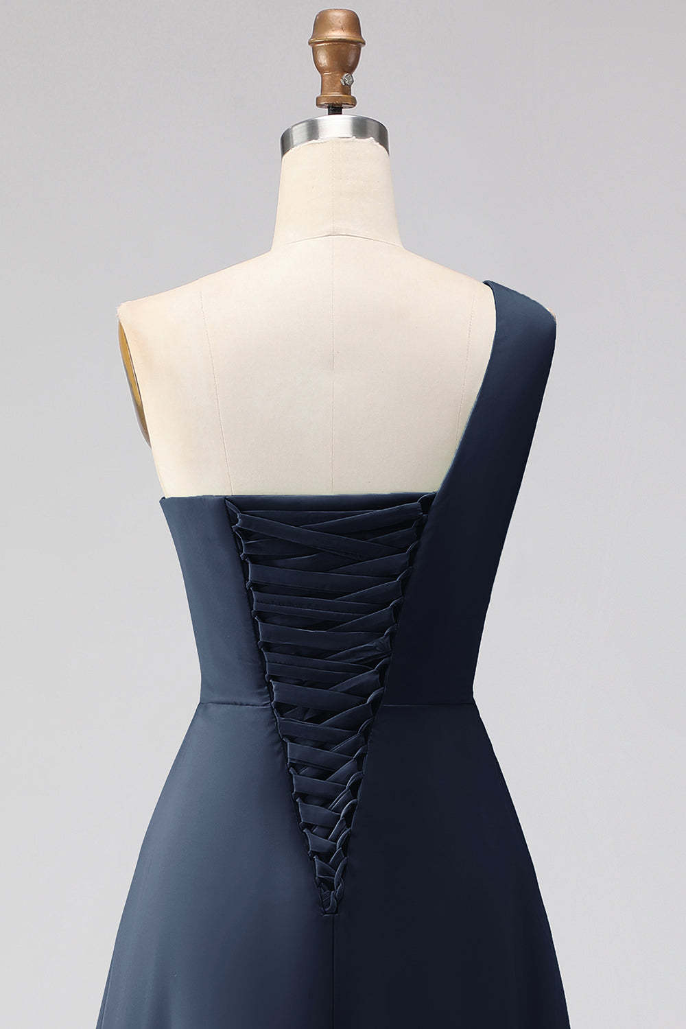 Navy One Shoulder Ruched A Line Long Bridesmaid Dress with Slit