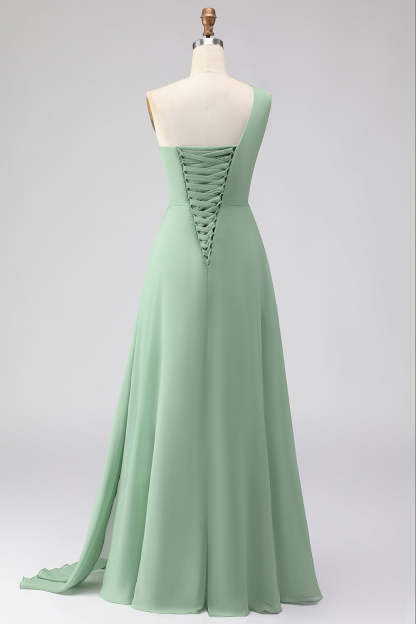 Navy One Shoulder Ruched A Line Long Bridesmaid Dress with Slit