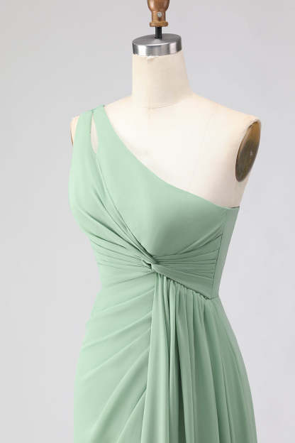 Navy One Shoulder Ruched A Line Long Bridesmaid Dress with Slit