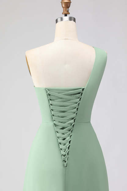 Navy One Shoulder Ruched A Line Long Bridesmaid Dress with Slit