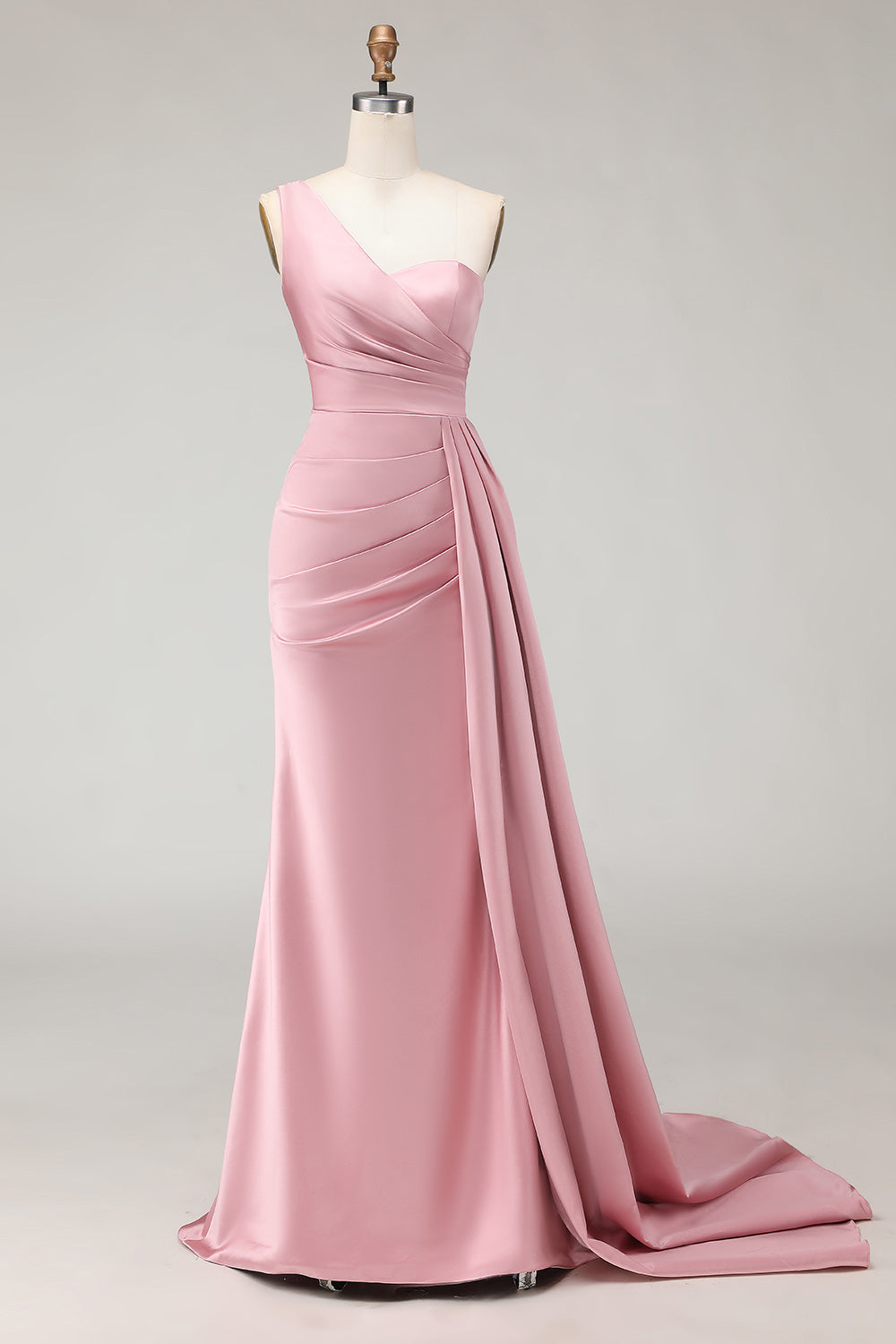 Blush Pink One Shoulder Mermaid Satin Maxi Bridesmaid Dress