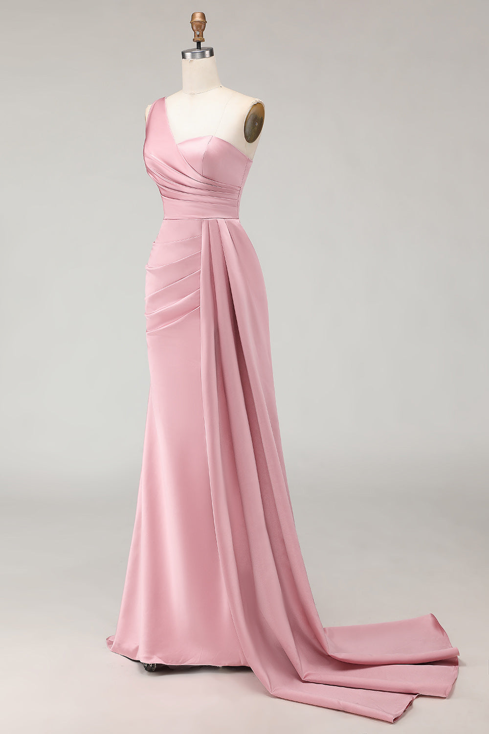 Blush Pink One Shoulder Mermaid Satin Maxi Bridesmaid Dress