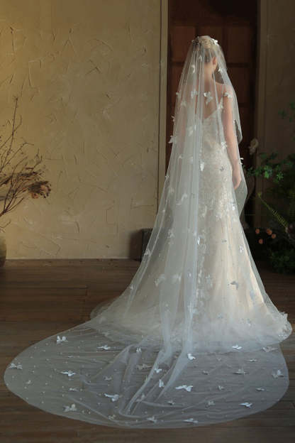 Leely Women Ivory Tulle Long Butterflies Wedding Veil