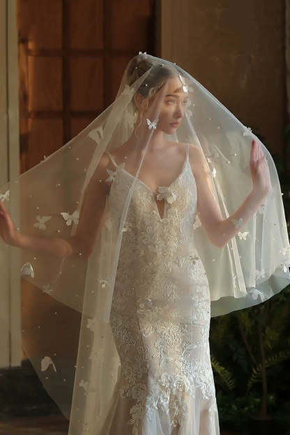 Ivory Long Tulle Wedding Veil with Butterflies