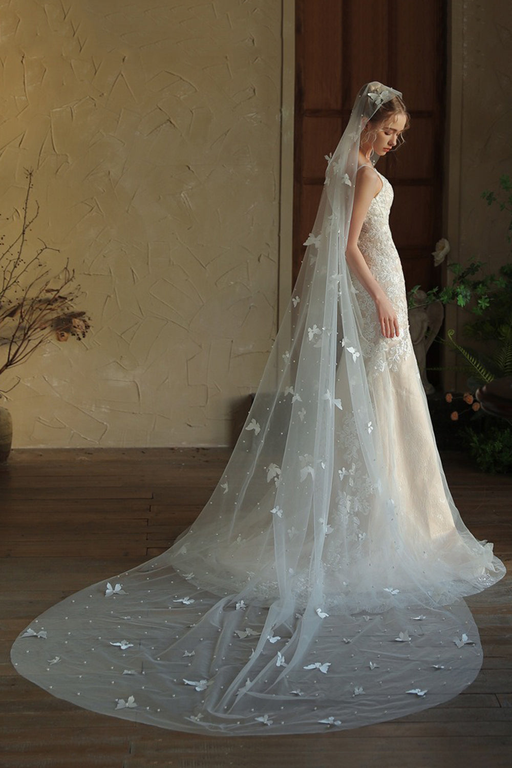 Ivory Long Tulle Wedding Veil with Butterflies