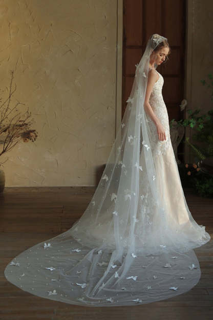 Ivory Long Tulle Wedding Veil with Butterflies