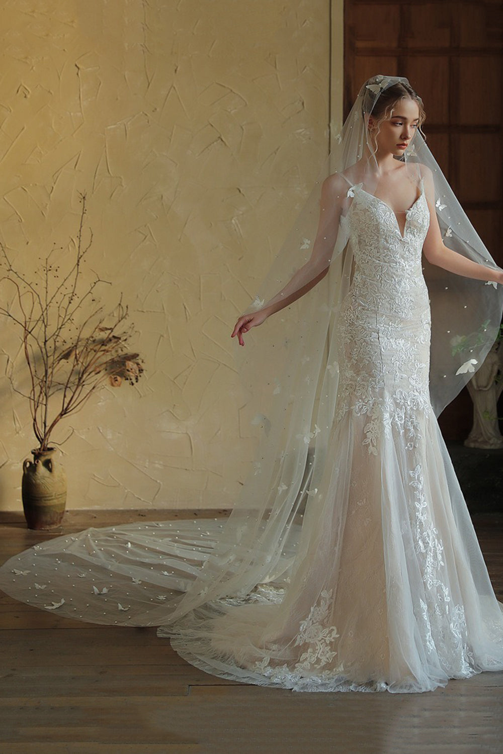 Ivory Long Tulle Wedding Veil with Butterflies