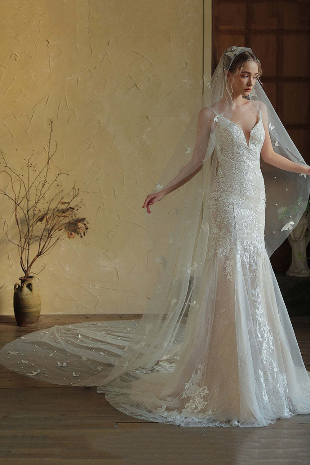 Ivory Long Tulle Wedding Veil with Butterflies