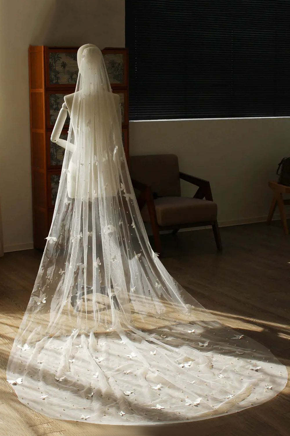Ivory Long Tulle Wedding Veil with Butterflies