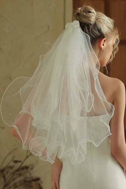 Leely Women Ivory Tulle Short Wedding Veil with Bow