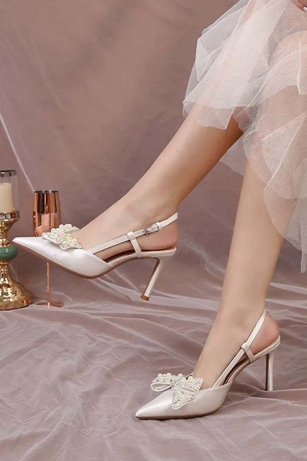 Leely Women Ivory Point Toe Satin Pearls Wedding Stiletto Heels with Bow