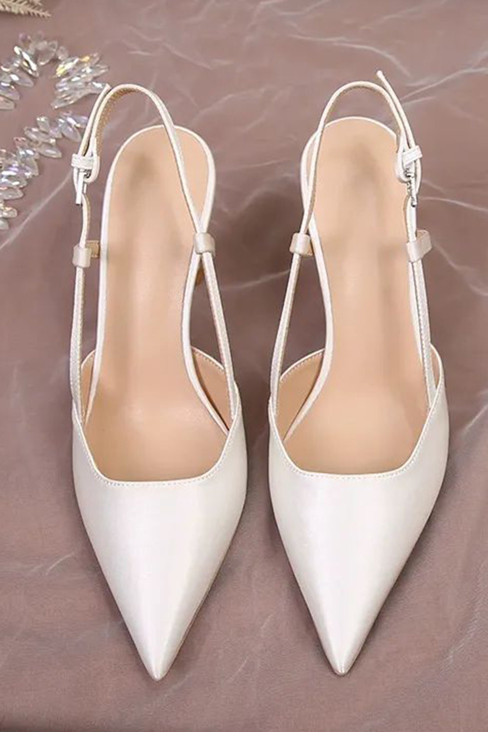 Ivory Satin Pearls Point Toe Wedding Stiletto Heels with Bow